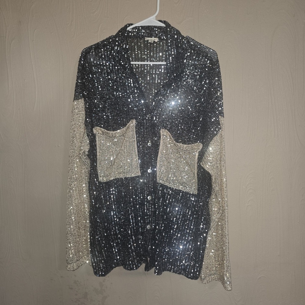 POL Womens Sequin Button Down Shirt Size M  Glam Sparkle Statement